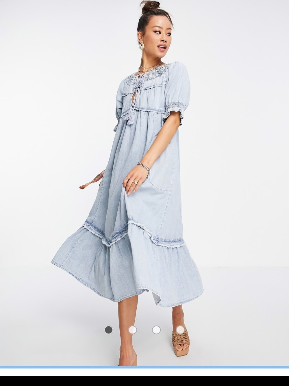 Free People Light Blue Denim Tiered Midi Dress (acid wash style)